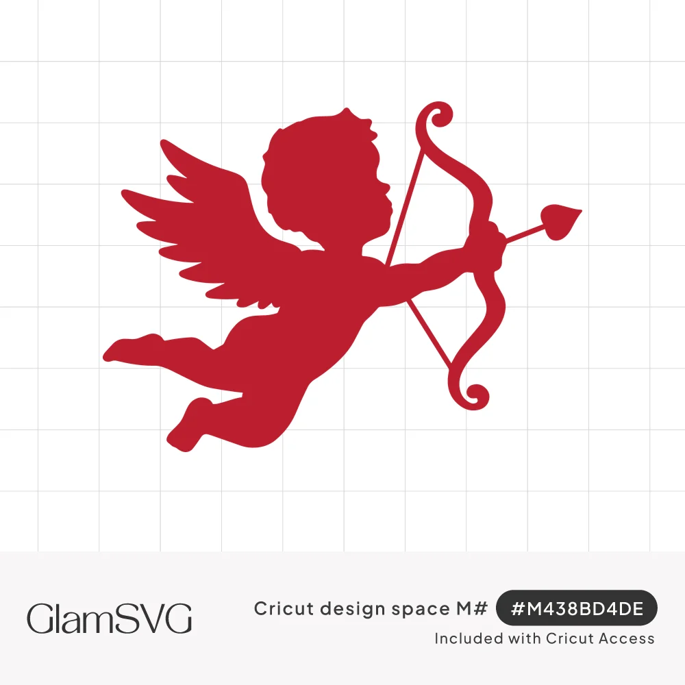 Solid red silhouette of winged Cupid flying and aiming a bow with a heart-tipped arrow
