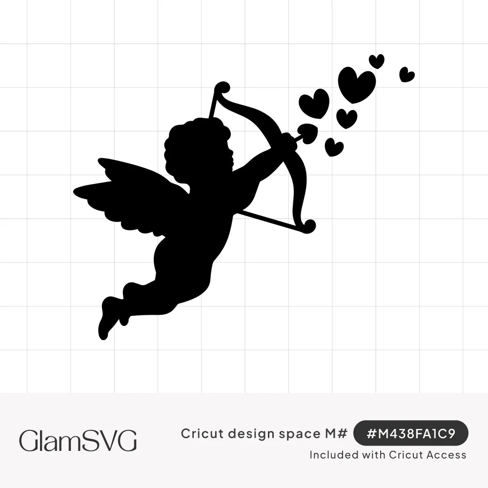 Black silhouette of a winged cupid drawing a bow and arrow with small hearts floating up from the arrow tip