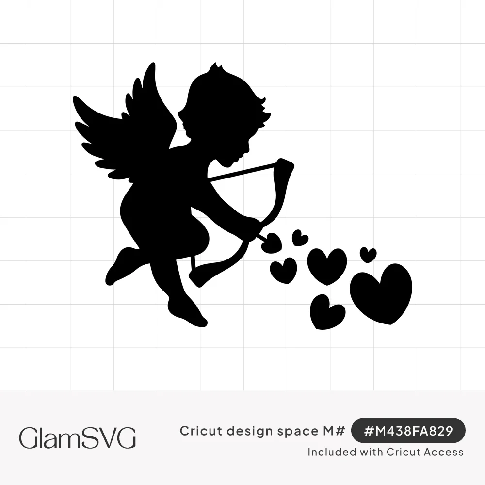 Black silhouette of a winged cupid flying and aiming a bow, with a trail of small hearts floating behind him