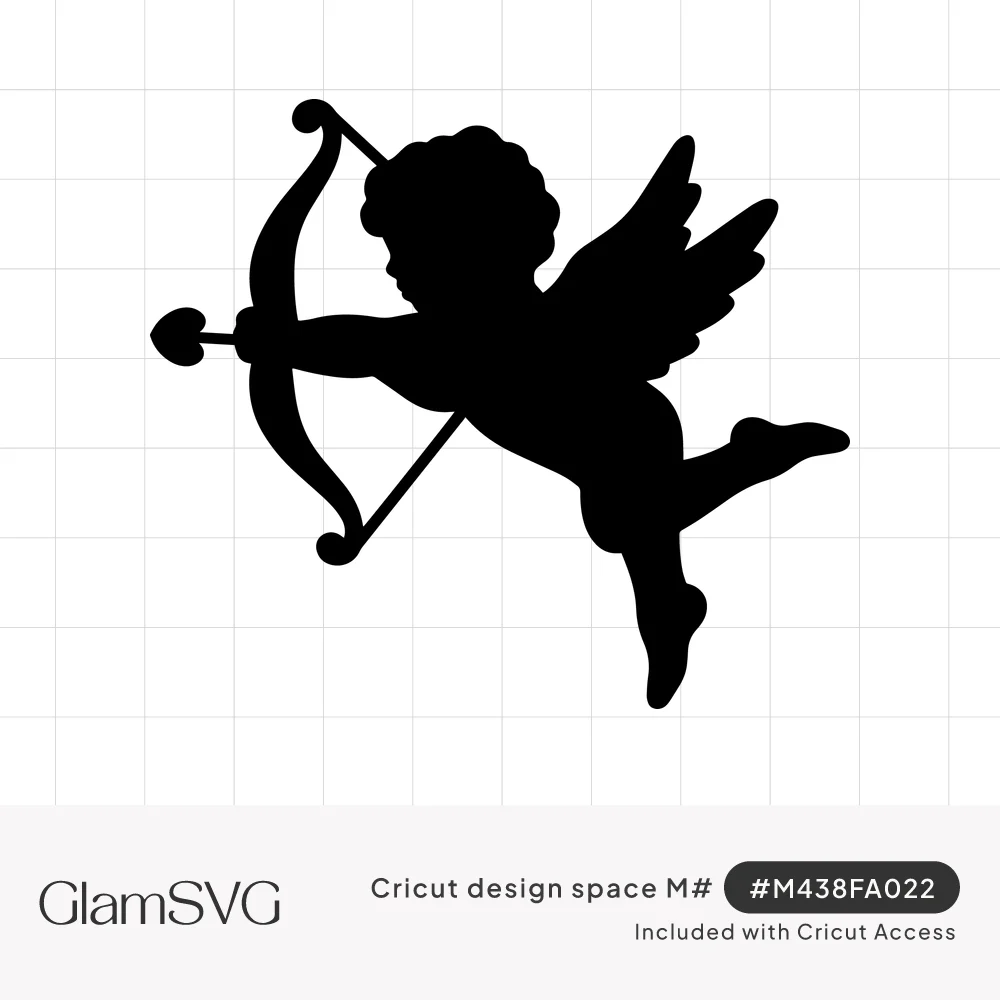 Black silhouette of a winged cupid with curly hair drawing a bow with a heart-tipped arrow