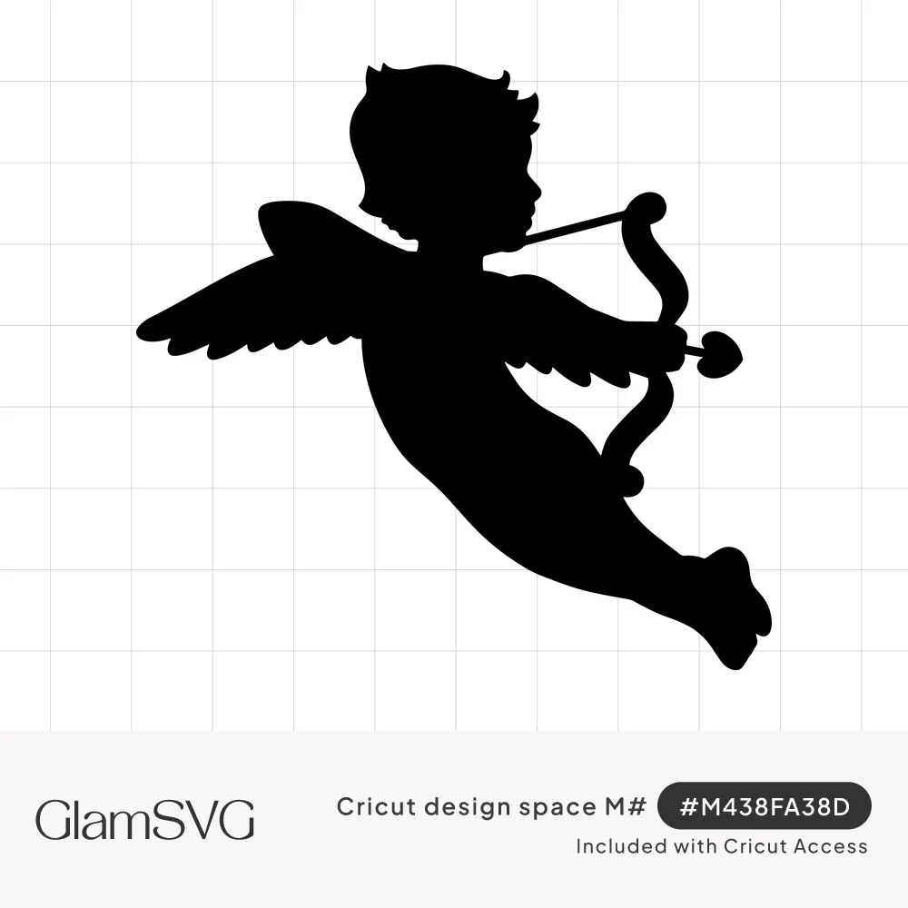 Black silhouette of a winged Cupid flying and drawing a bow with a heart-tipped arrow