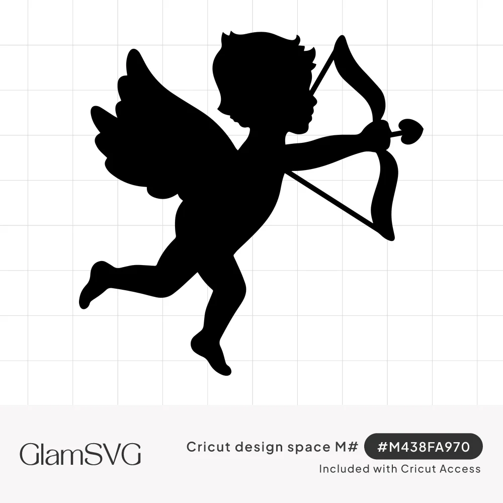 Black silhouette of a winged cupid flying while aiming a bow with a heart-tipped arrow