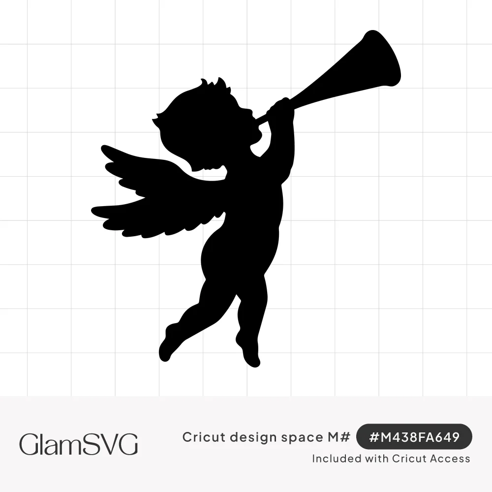 Black silhouette of a chubby winged cherub with curly hair blowing a long trumpet pointed upward