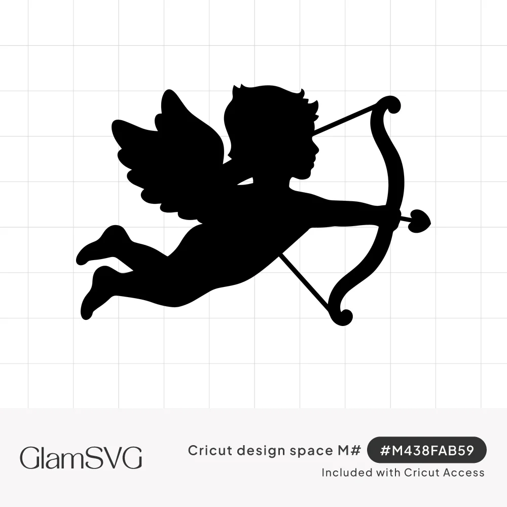 Black silhouette of a winged Cupid flying and drawing a bow with a heart-tipped arrow
