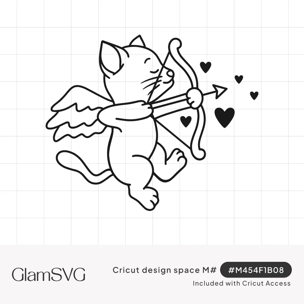 Line drawing of a winged cat holding a bow and arrow like Cupid, with small black hearts floating ahead of the arrow