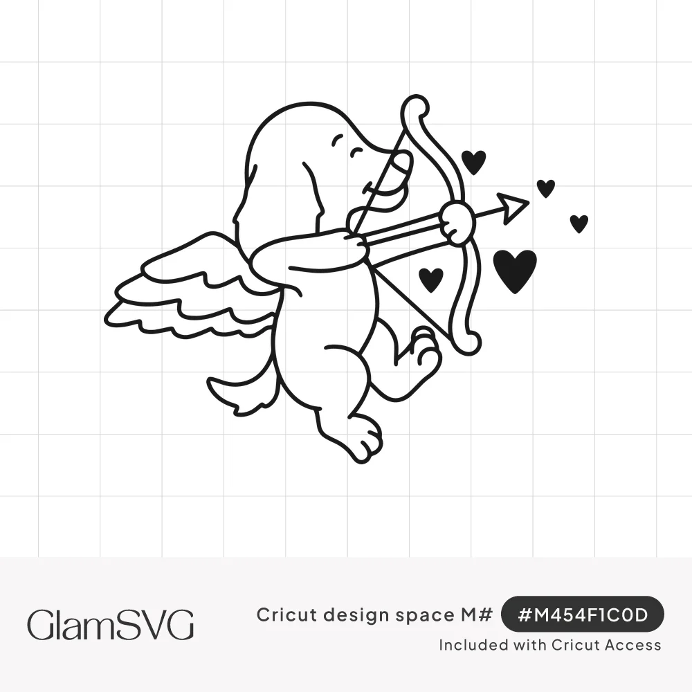 Line drawing of a floppy-eared dog with angel wings shooting a heart arrow from a bow, surrounded by small black hearts