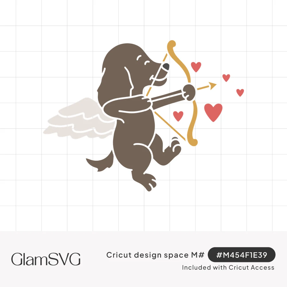 Brown dog with white angel wings aiming a golden bow and arrow, with small red hearts floating nearby