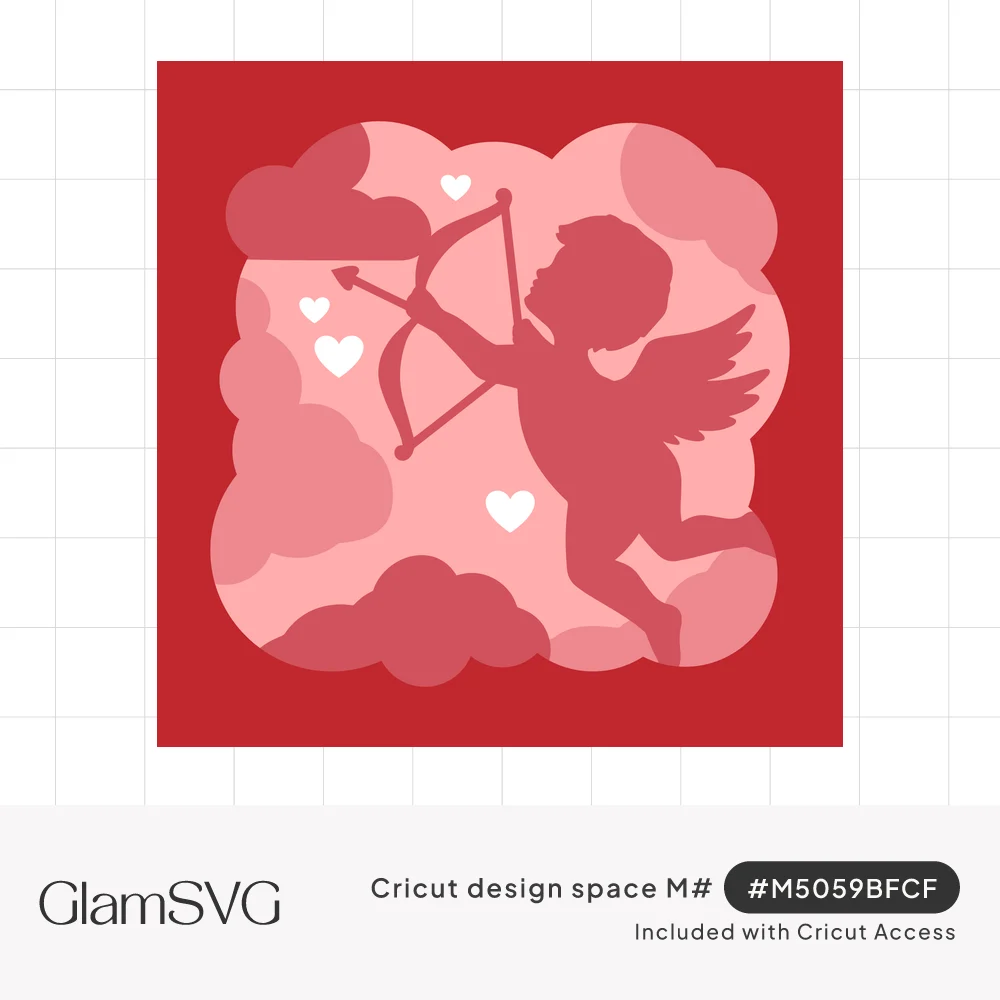 Layered shadowbox of a cupid silhouette with bow and arrow among pink clouds and white hearts inside a red square frame