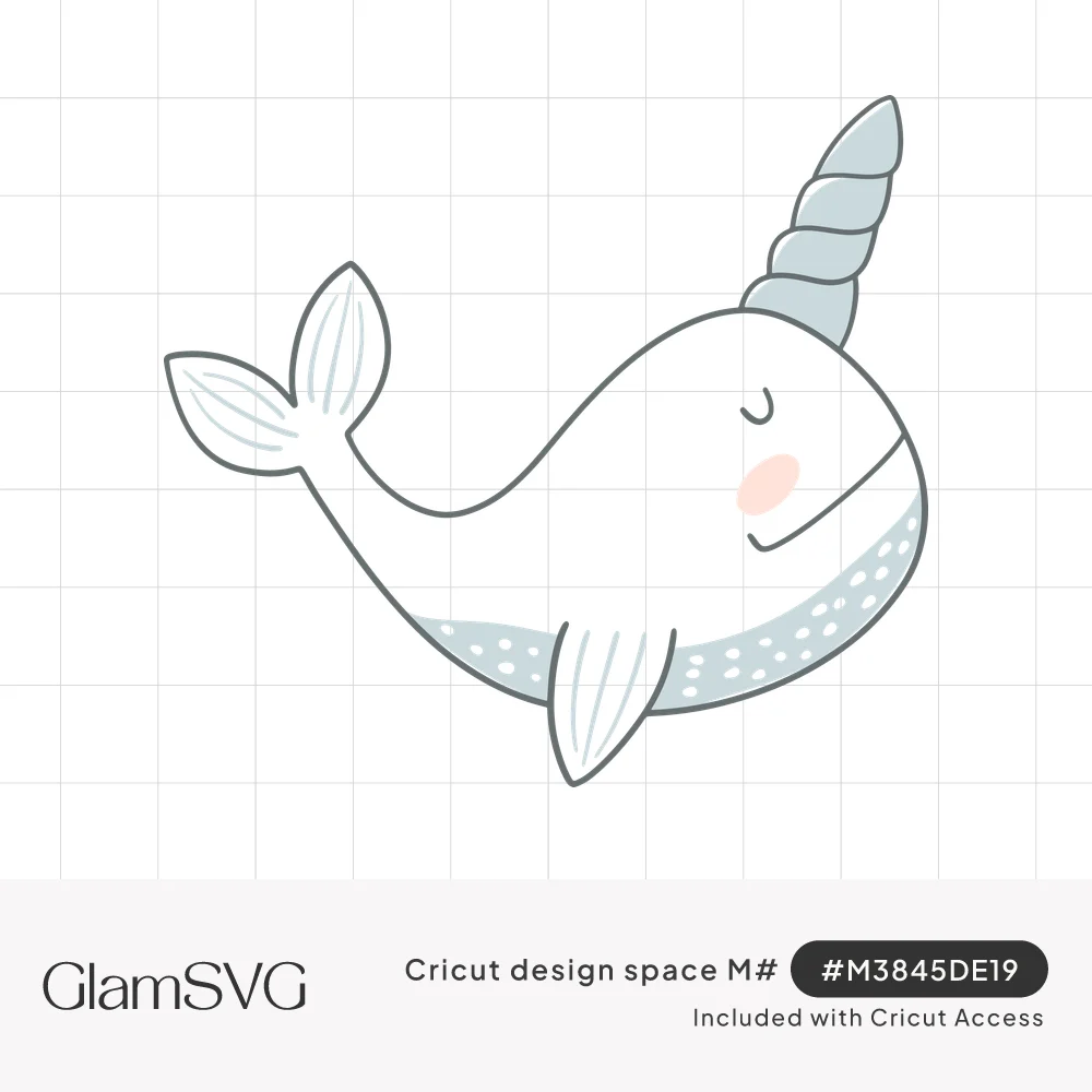 Hand-drawn baby narwhal with closed eyes, pink cheek, spiraled blue horn and speckled blue belly