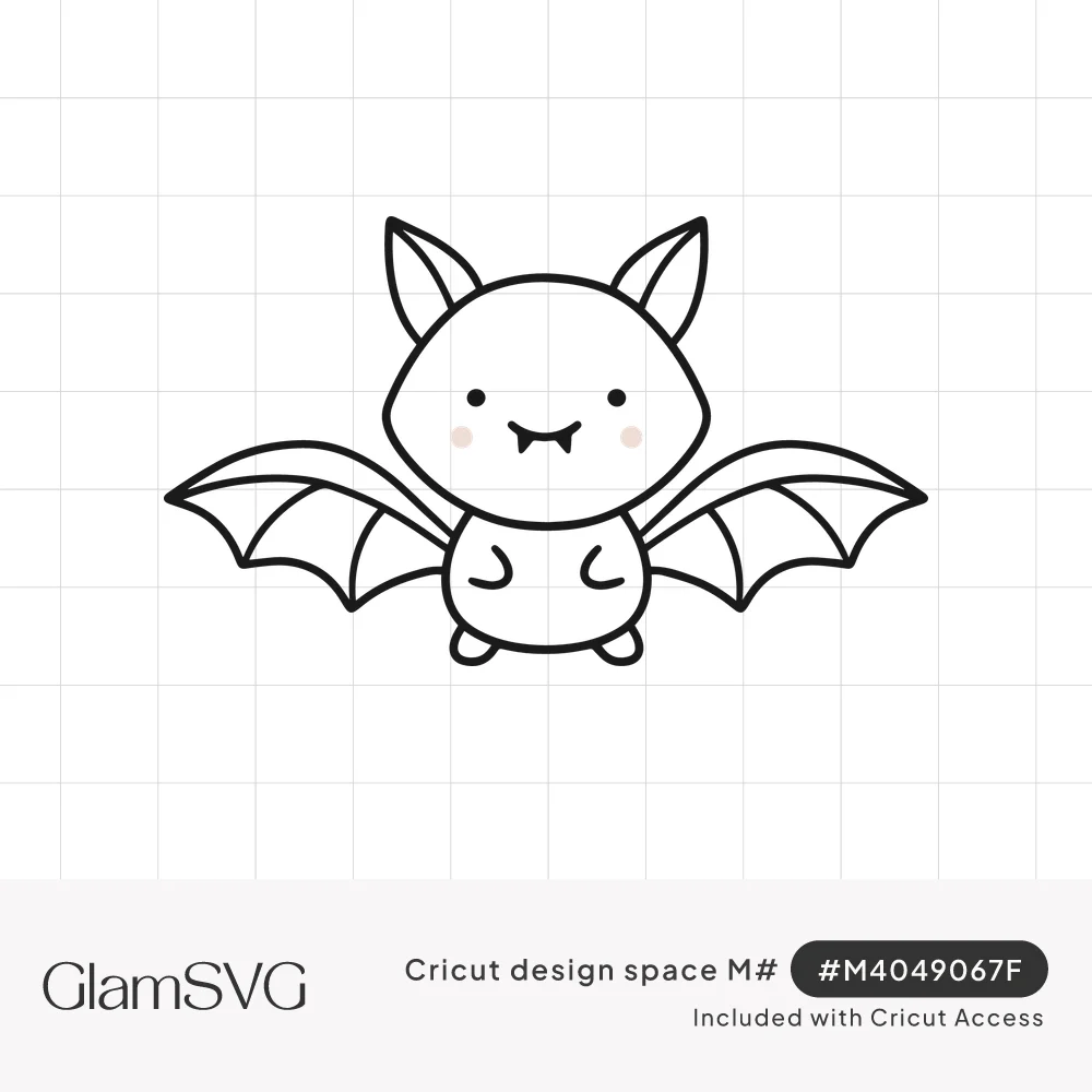Line drawing of a cute smiling bat with tiny fangs, pink cheeks, pointed ears and outstretched wings