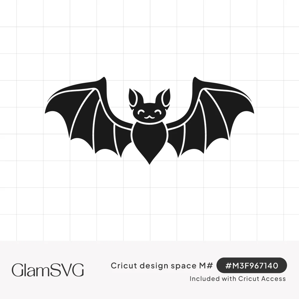 Black silhouette of a cute smiling bat with closed eyes, pointed ears and outstretched scalloped wings
