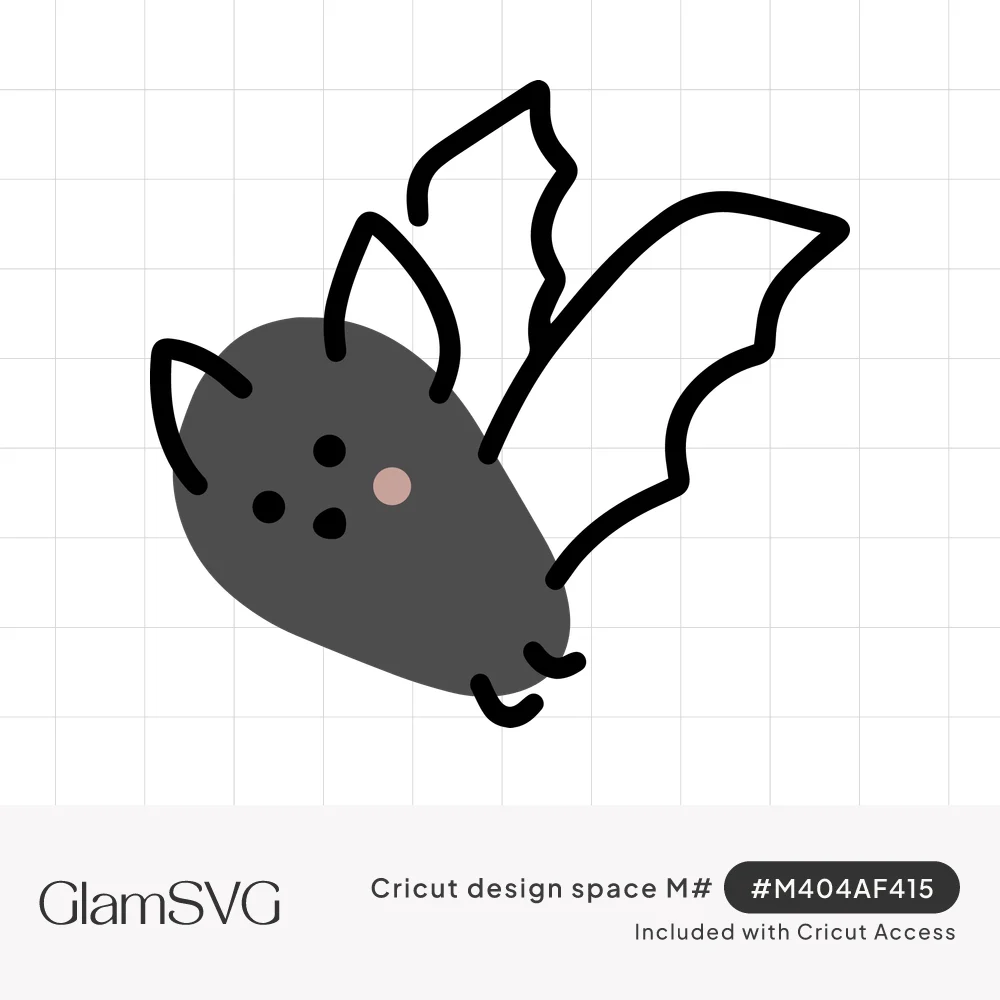 Hand-drawn cute gray bat with pointed ears, dotted face, pink cheek and outlined white wing