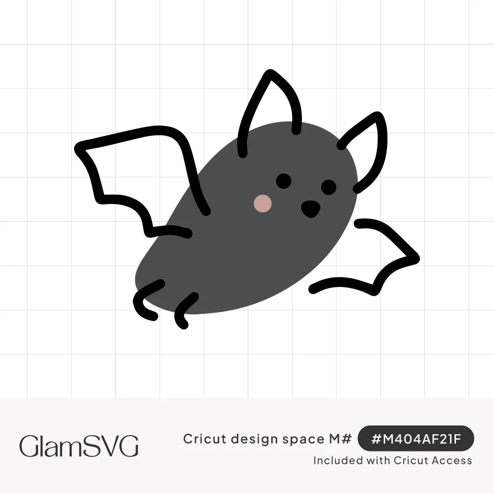 Chubby gray cartoon bat with black outline wings and ears, dot eyes, a pink blush cheek and a tiny open mouth