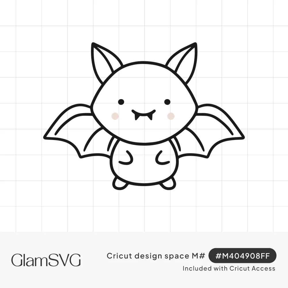 Cute cartoon bat line drawing with pointed ears, pink blush cheeks, tiny fangs and outstretched wings
