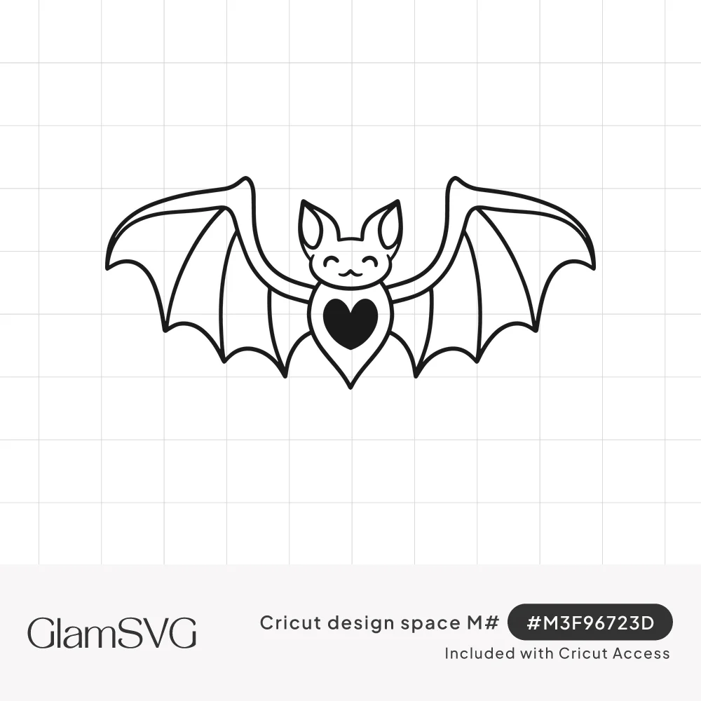 Outline drawing of a smiling cartoon bat with wide spread wings and a solid black heart on its chest