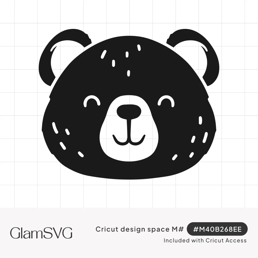 Black silhouette of a smiling bear face with closed eyes, white muzzle, button nose and small white fur marks
