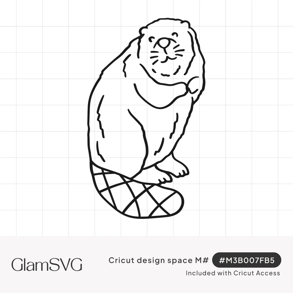 Black line drawing of a smiling beaver sitting upright with one paw raised and a crosshatched flat tail