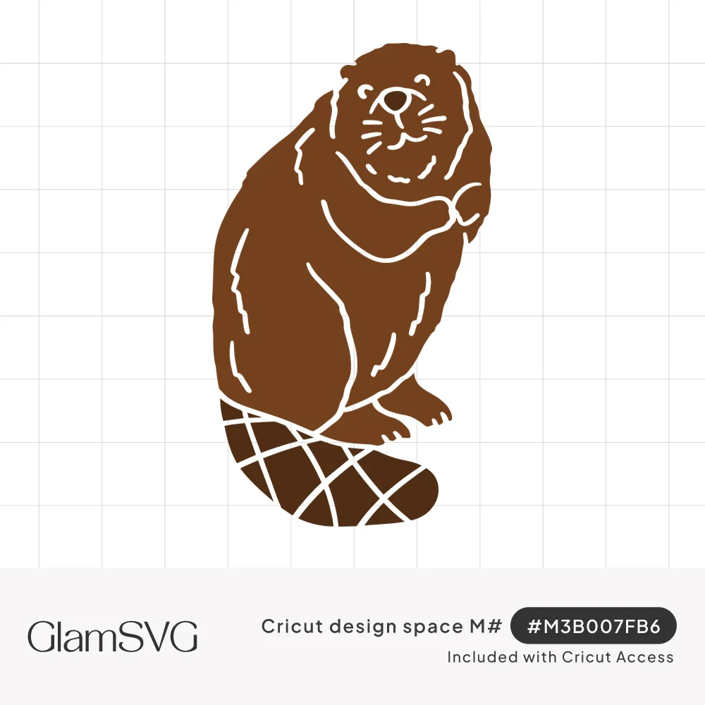 Brown cartoon beaver sitting upright on its crosshatched tail with a paw under its chin and a small smile