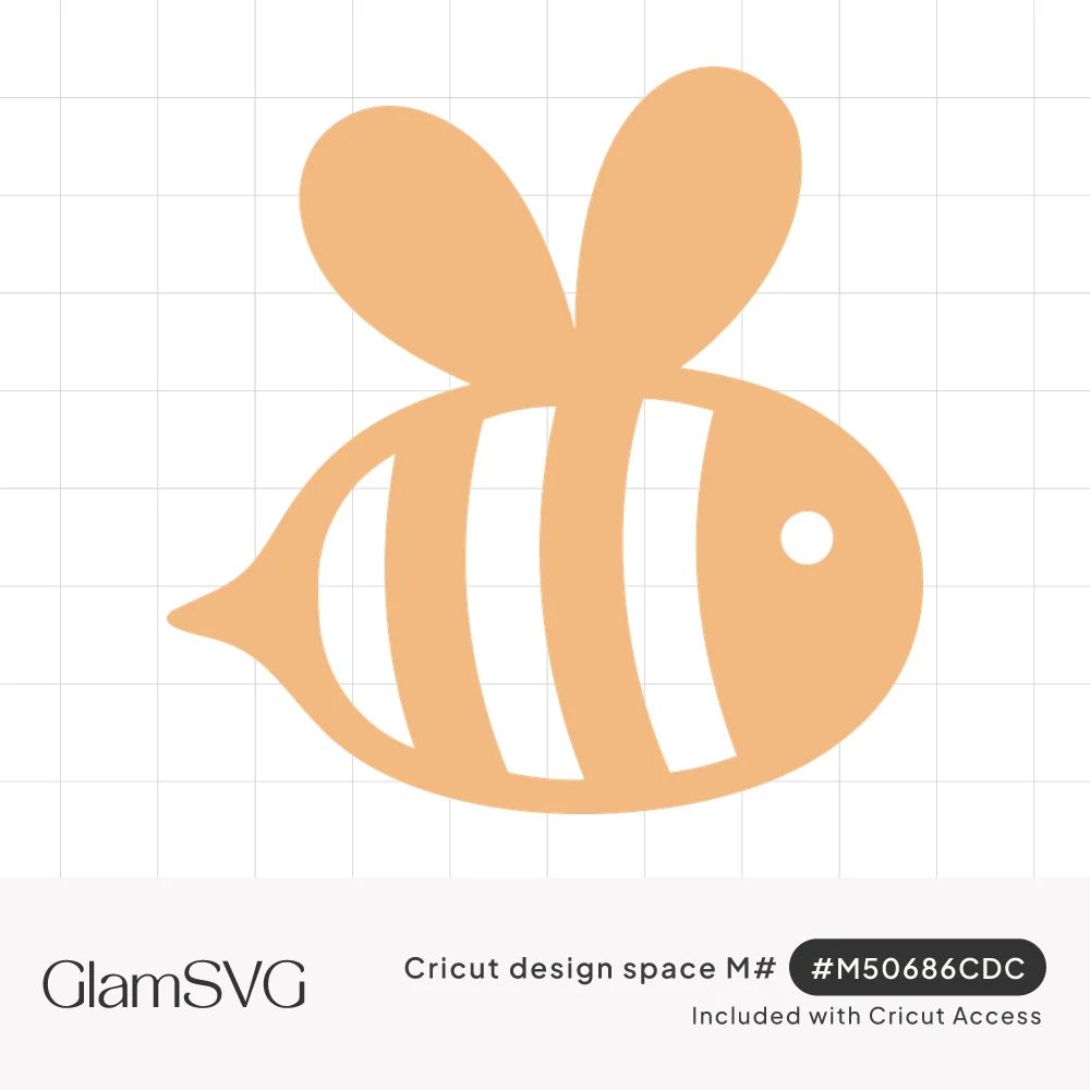 Simple peach-orange bee silhouette with white cutout stripes, a round eye, two large rounded wings and a pointed stinger