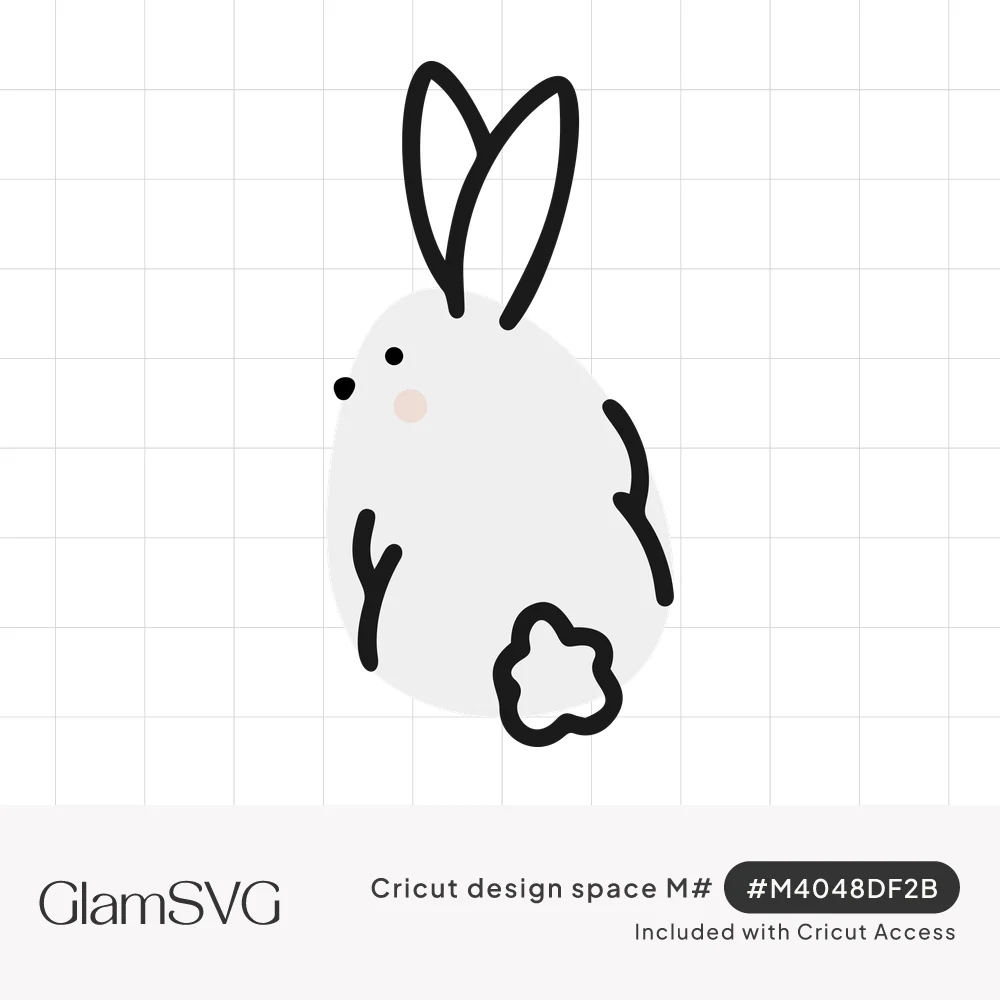 Minimal hand-drawn white bunny with tall black-outlined ears, dot eyes, a pink cheek and a fluffy round tail