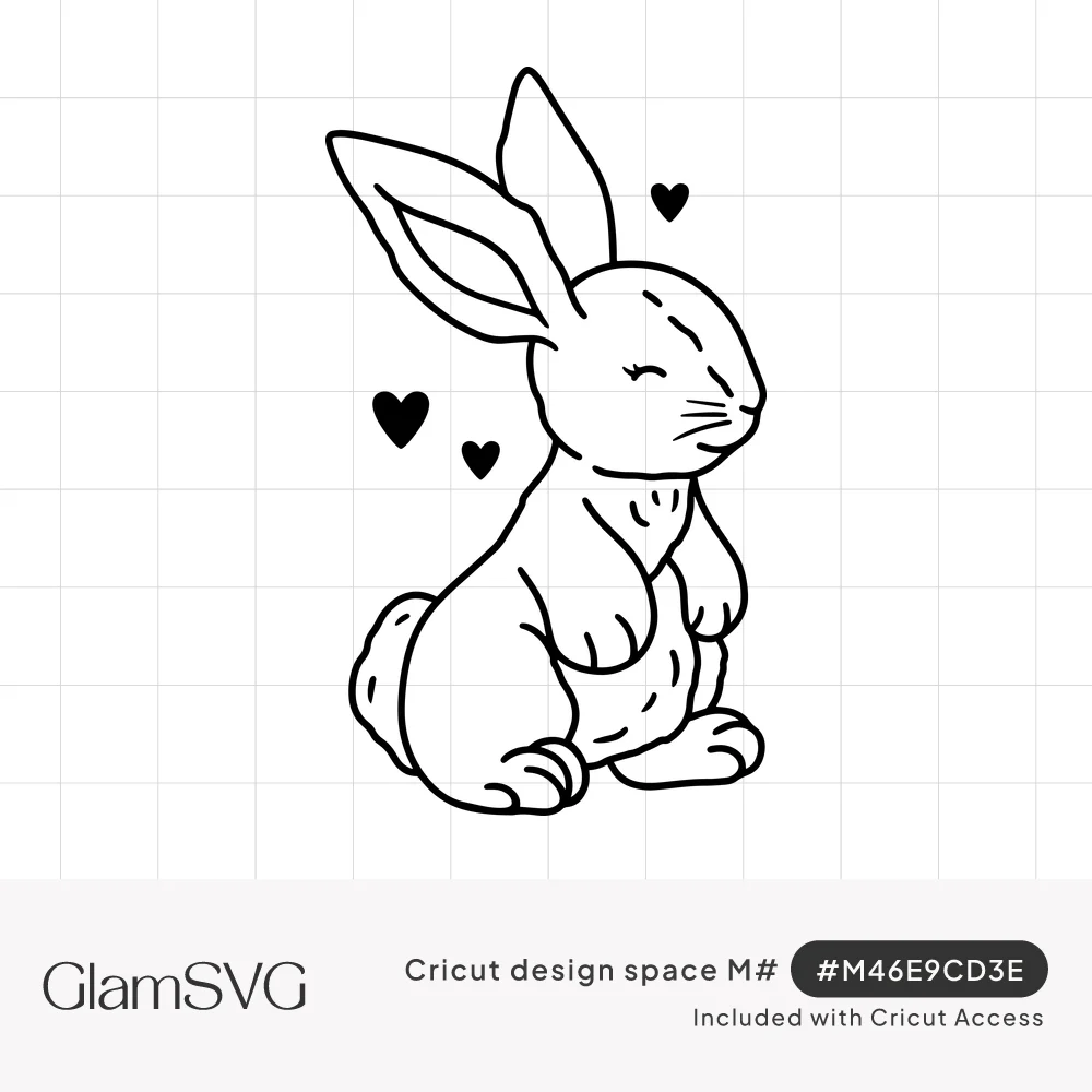 Black line drawing of a happy bunny sitting upright with closed eyes, surrounded by three small black hearts