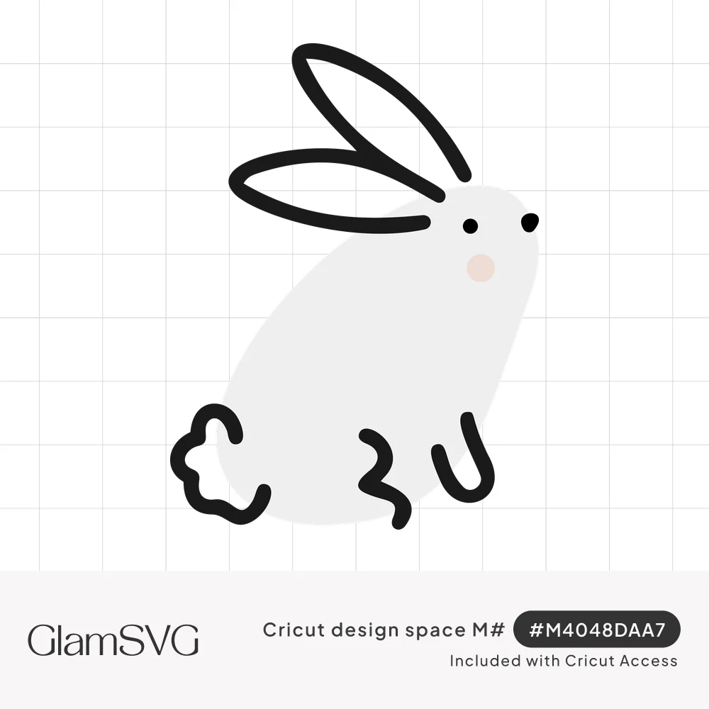 Minimalist white bunny with black line ears, curly tail, squiggly feet and a pink blush cheek