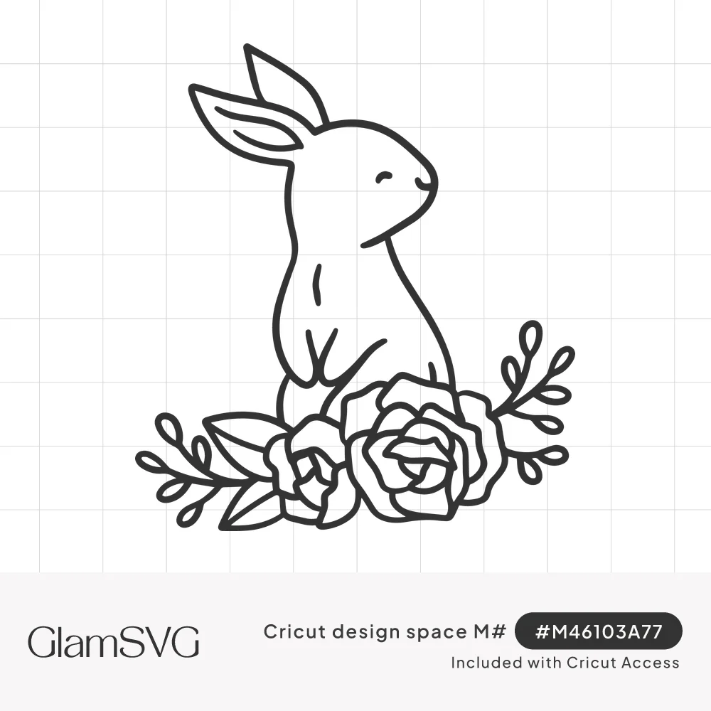 Black line drawing of a bunny with closed smiling eyes sitting upright above roses and leafy sprigs