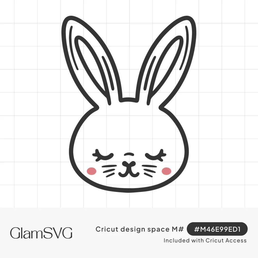 Outlined cartoon bunny face with tall ears, closed eyes with lashes, whiskers and pink blushing cheeks