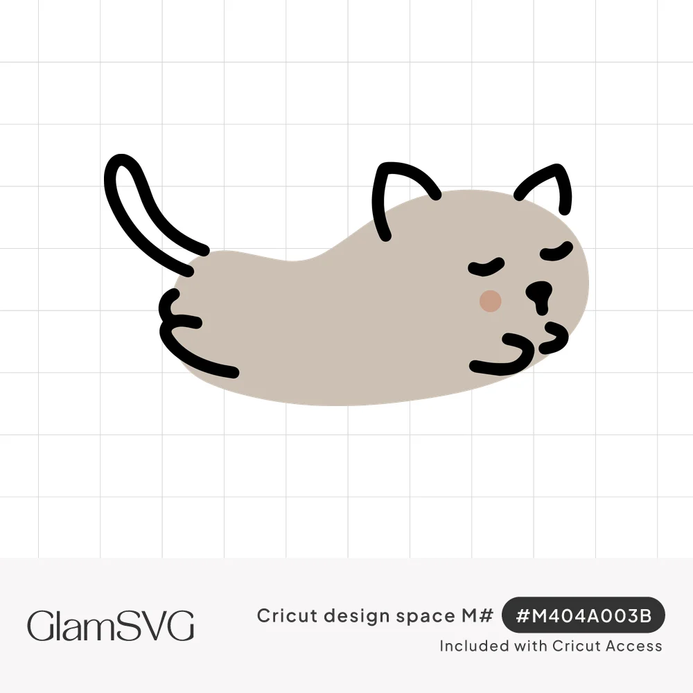 Cute hand-drawn gray cat lying stretched out with closed eyes, pointed ears, curled tail and a pink blush cheek