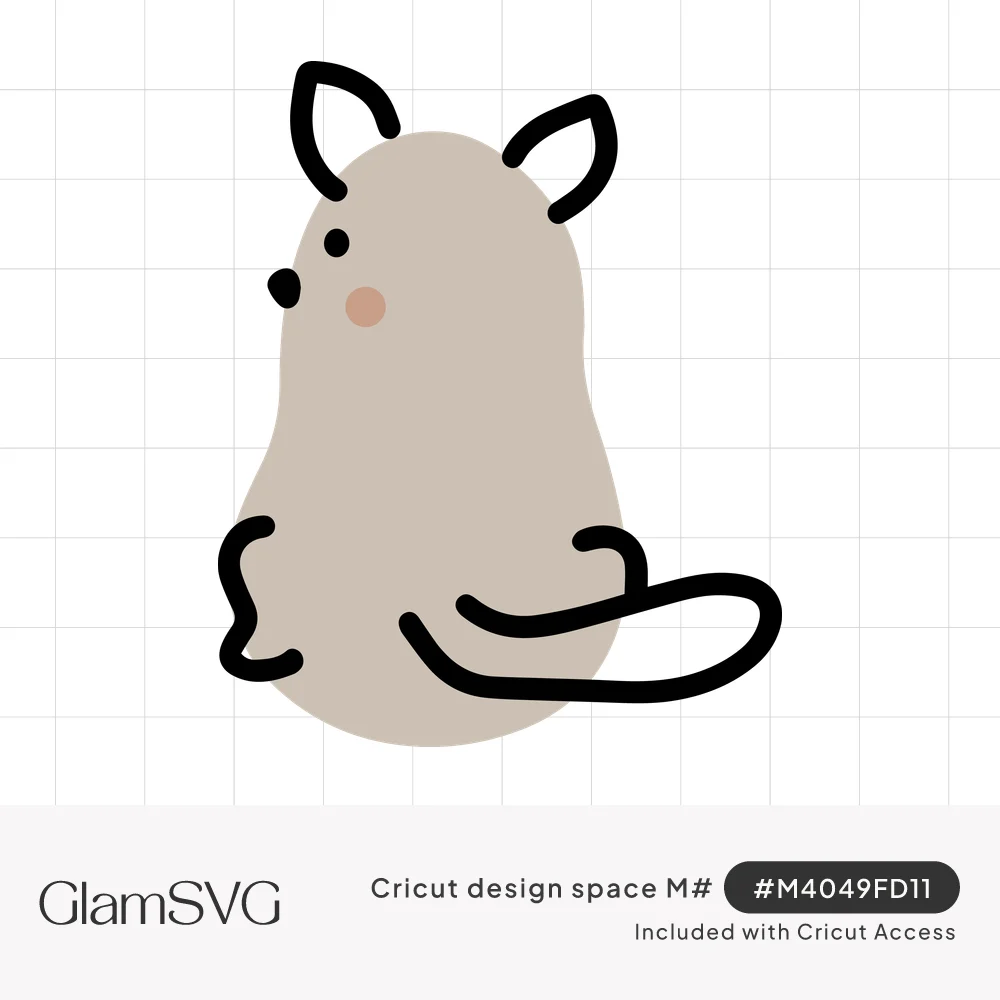 Simple gray cat in side profile with black outlined ears, paws and curling tail, a dot eye and pink cheek