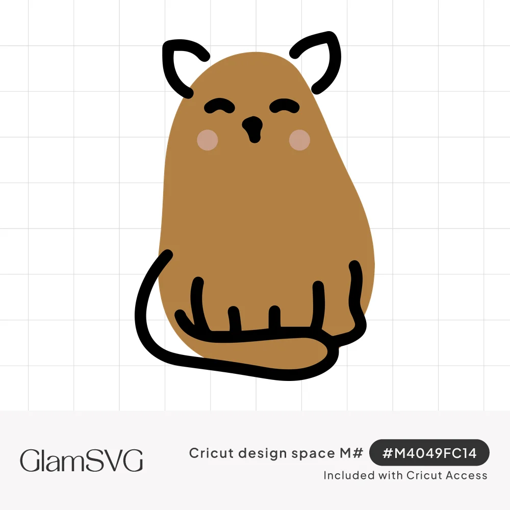 Hand-drawn round brown cat with closed smiling eyes, pink blush cheeks, black pointed ears and a curled tail