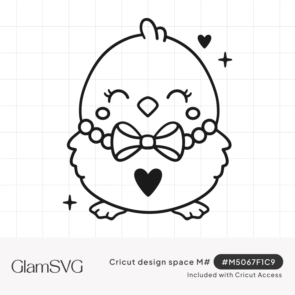 Line drawing of a smiling baby chick with closed eyes, a pearl necklace, bow and heart, with sparkles and a small heart