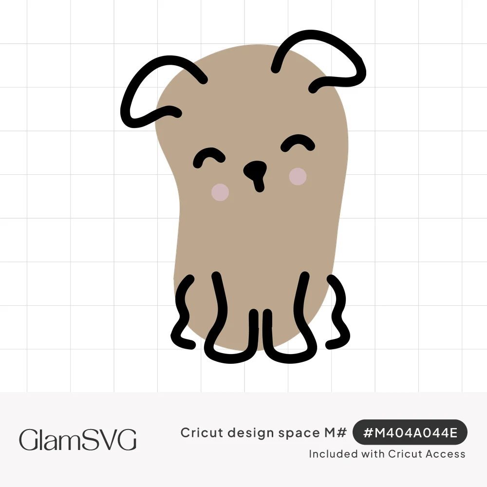 Tan bean-shaped cartoon puppy with floppy black ears, closed smiling eyes, pink cheeks and wiggly line legs