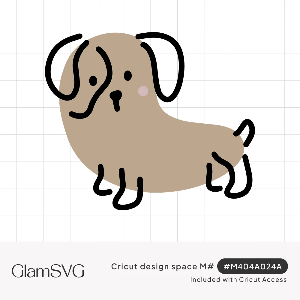 Hand-drawn doodle of a taupe dog with floppy black ears, dot eyes, pink blushing cheek and thin black legs