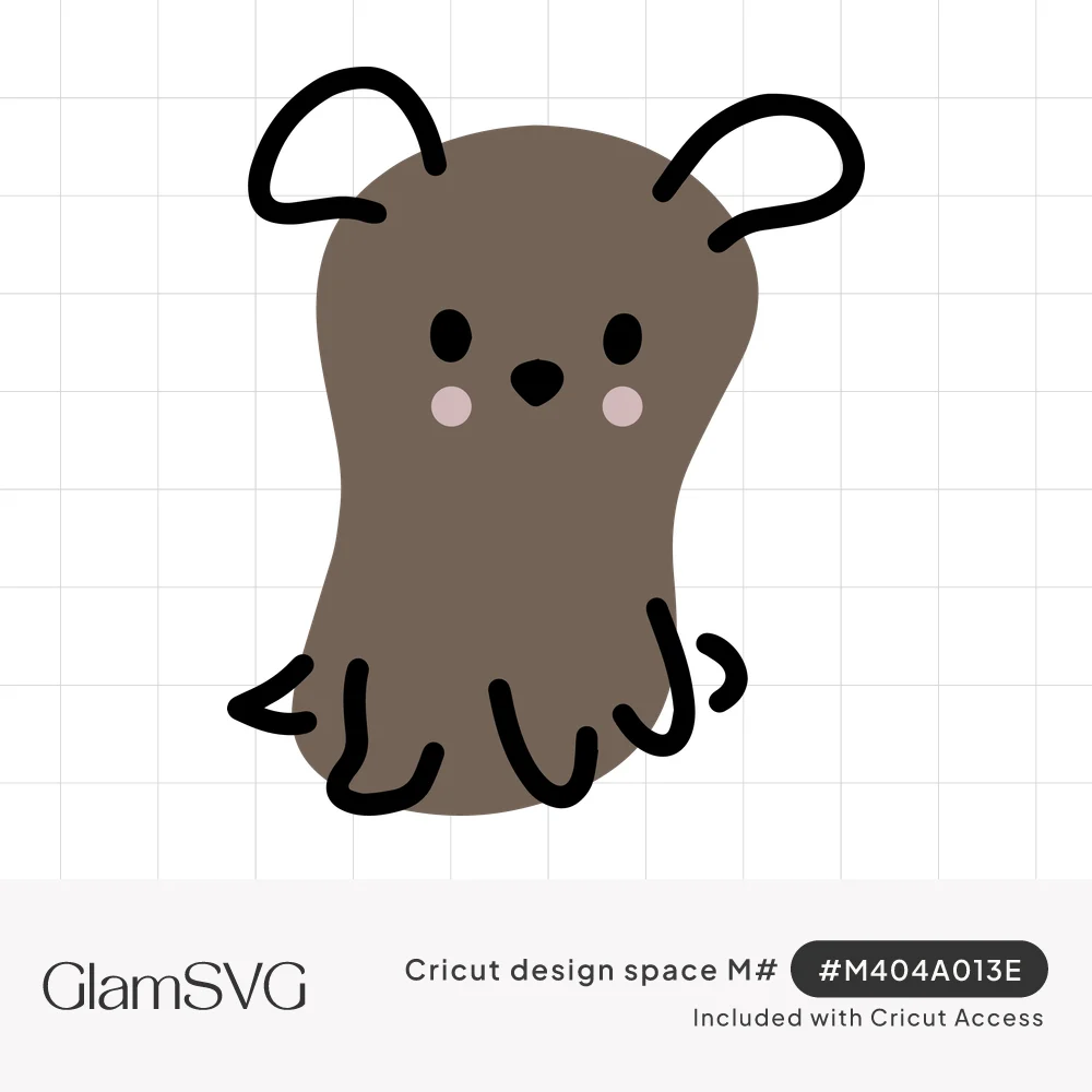 Hand-drawn brown doodle dog with a rounded body, outlined floppy ears, dot eyes, pink cheeks and squiggly legs