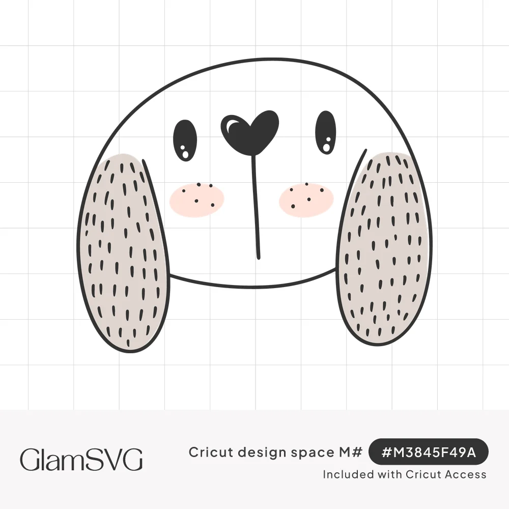 Hand-drawn white puppy face with floppy gray speckled ears, a black heart-shaped nose and pink freckled cheeks