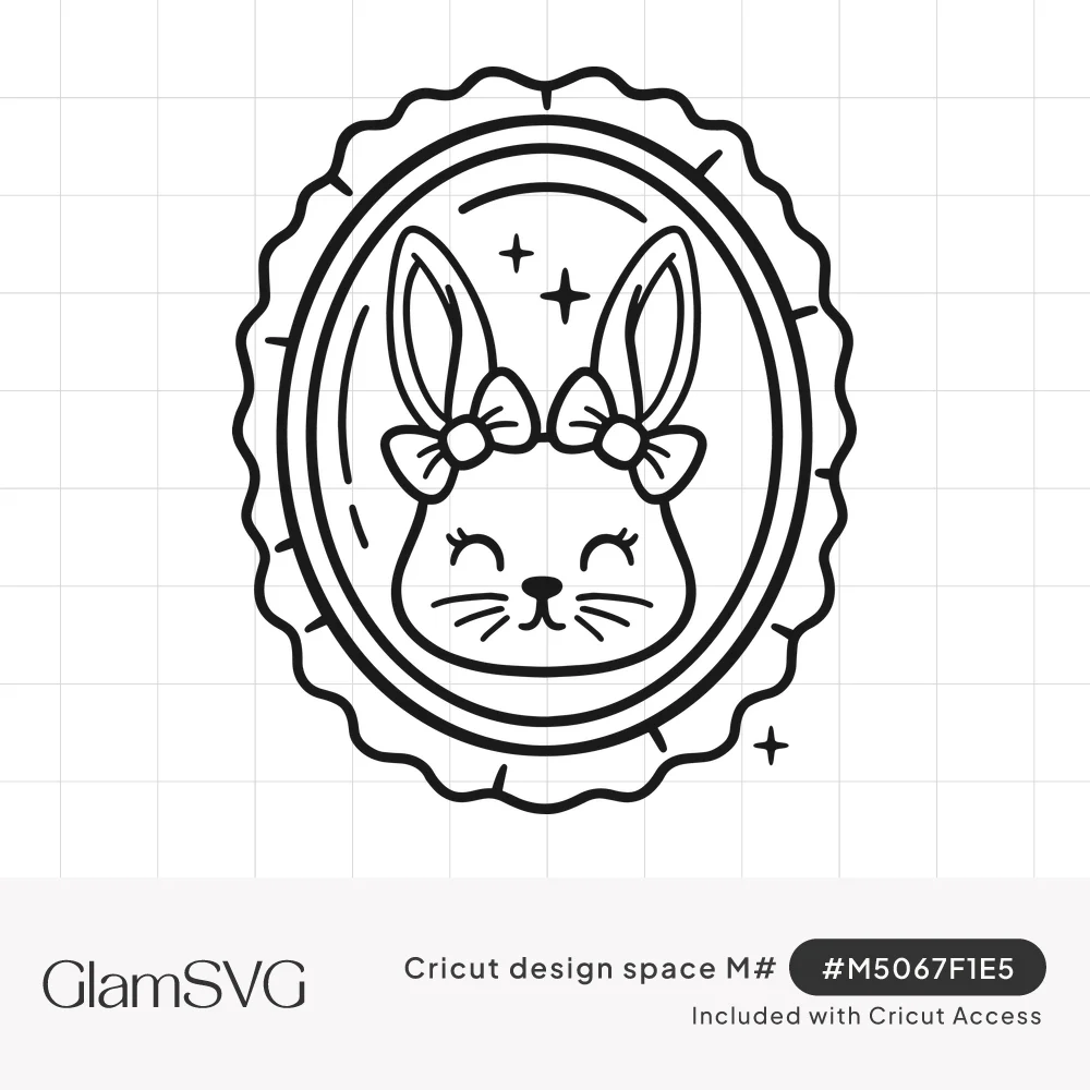 Line art of a smiling bunny face with bows on both ears inside a scalloped oval frame with small sparkles