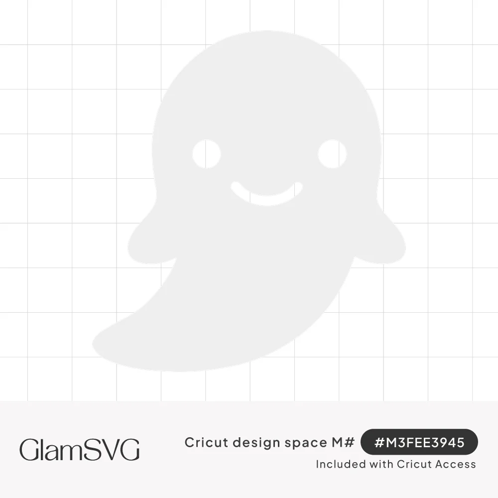 Simple white cartoon ghost with round dot eyes, a small smile, stubby arms and a curved floating tail
