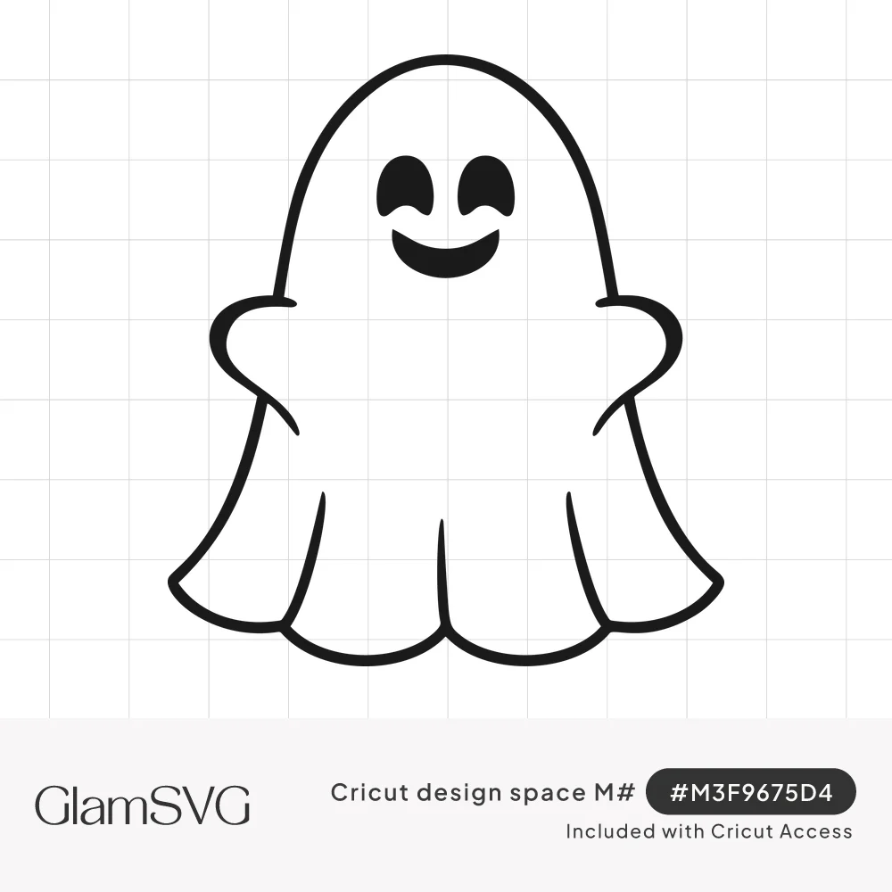 Bold black outline of a cute smiling ghost with crescent eyes, open arms and a wavy hem on a white background