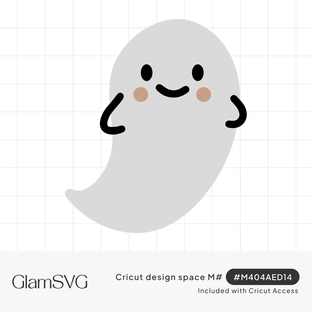 Gray cartoon ghost with a curled tail, black dot eyes, a smile, pink cheeks and small curved arms