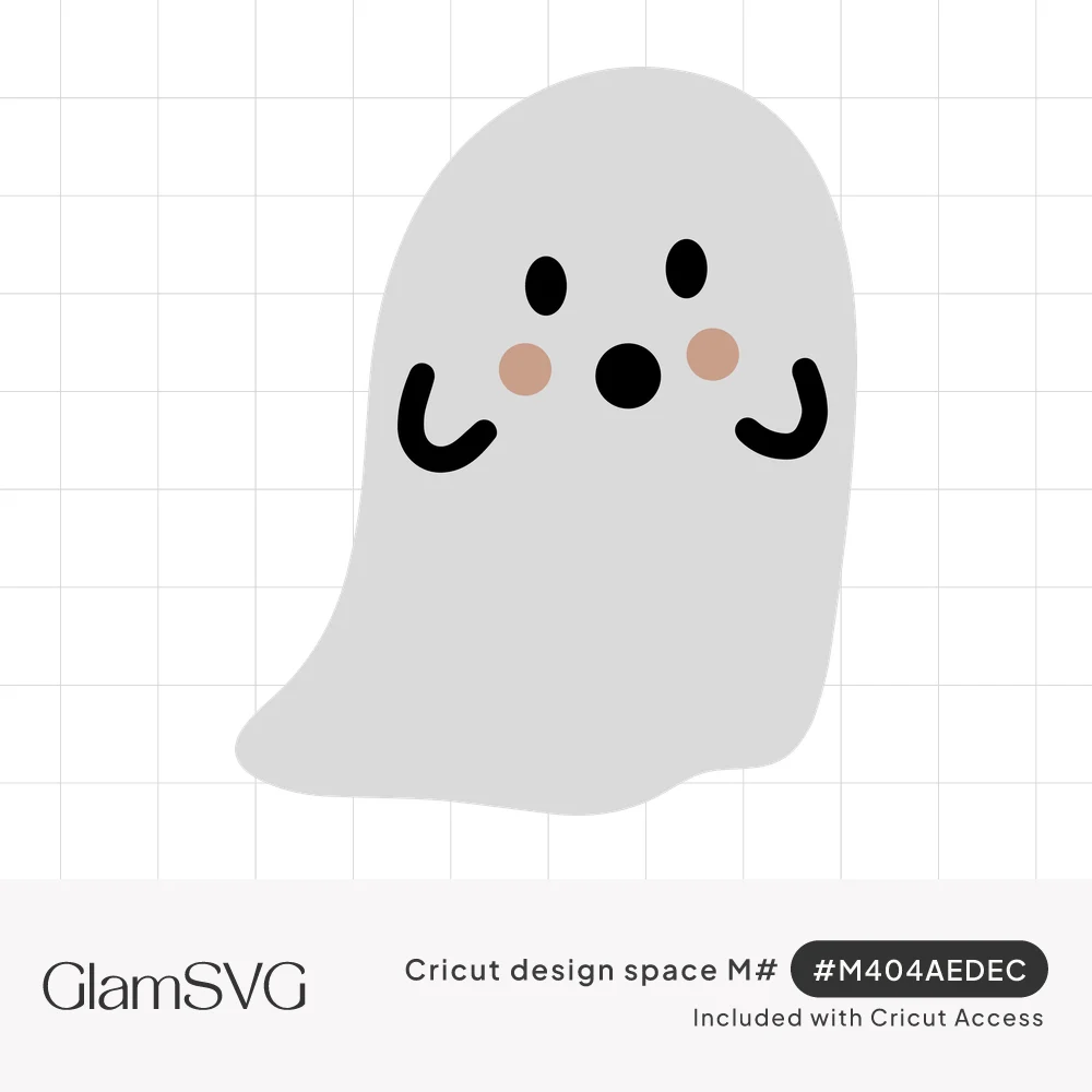 Pale gray cartoon ghost with black oval eyes, round open mouth, pink blush cheeks and curved little arms