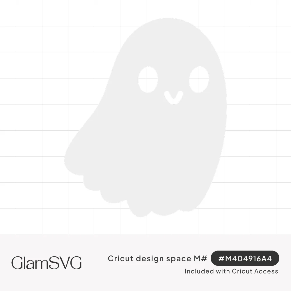 Simple white ghost silhouette with oval eyes, a small smile and a wavy bottom edge, leaning slightly to one side