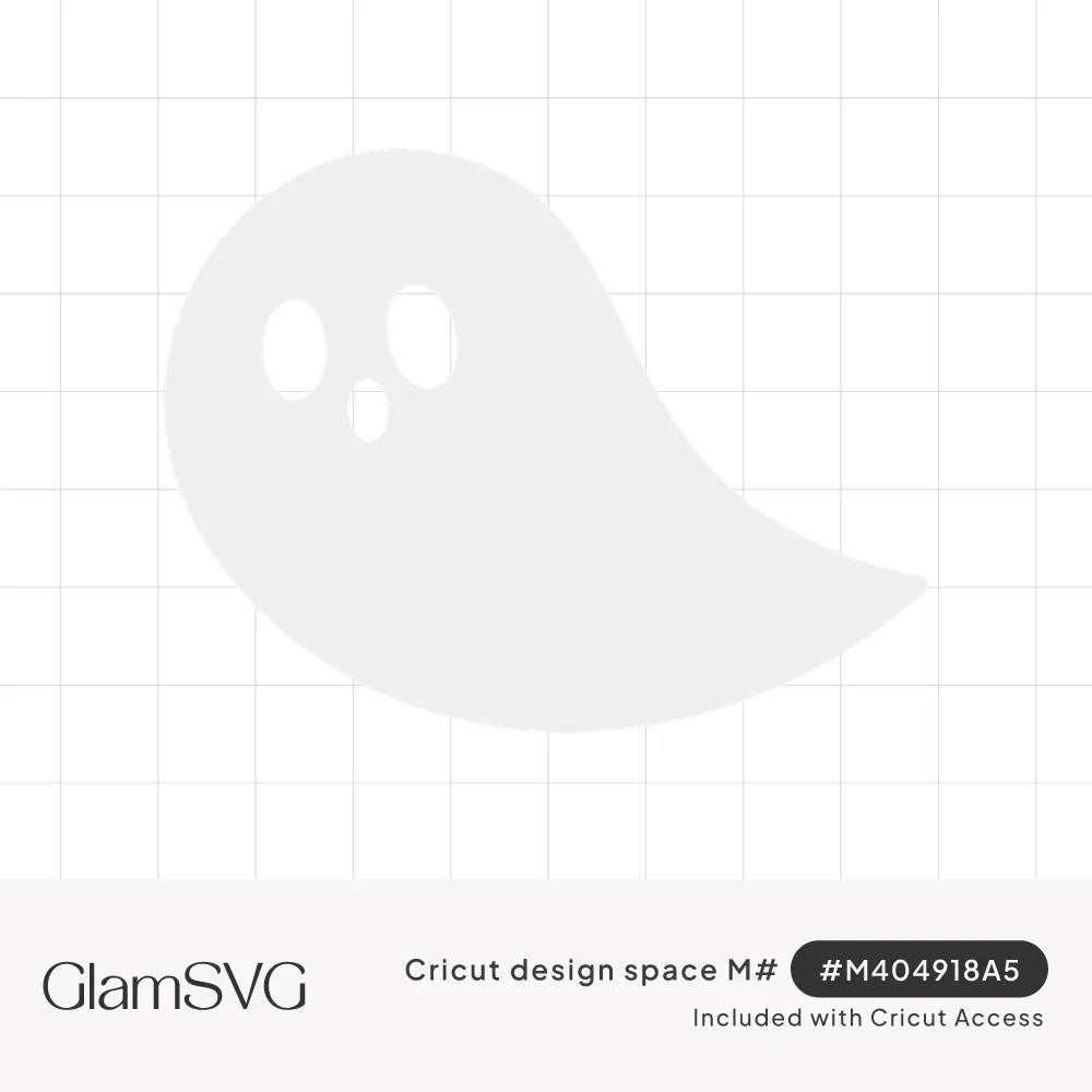 Simple white ghost silhouette floating sideways with a curled tail, two oval eyes and a small round mouth