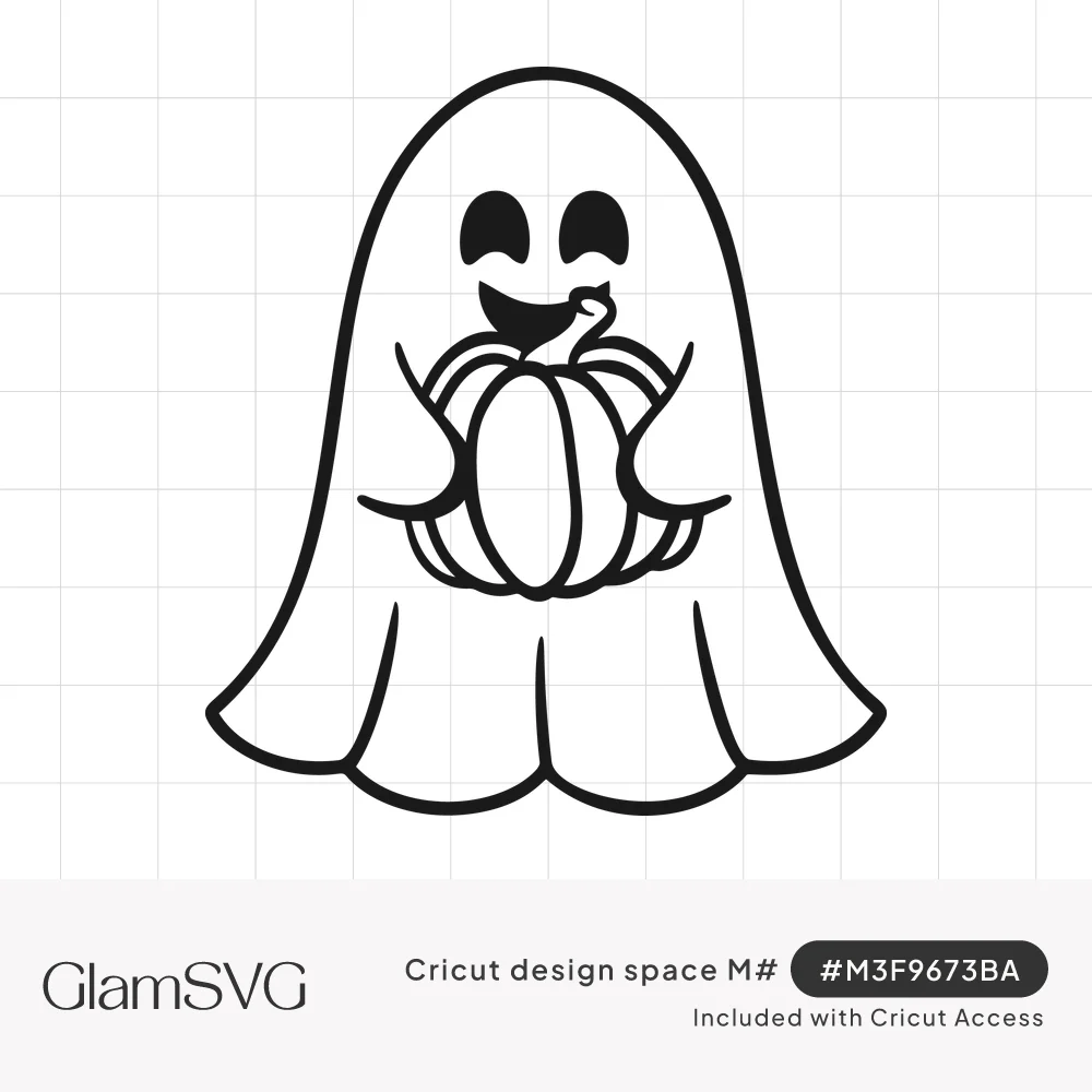 Line drawing of a smiling white ghost with crescent eyes hugging a small ribbed pumpkin with a curly stem