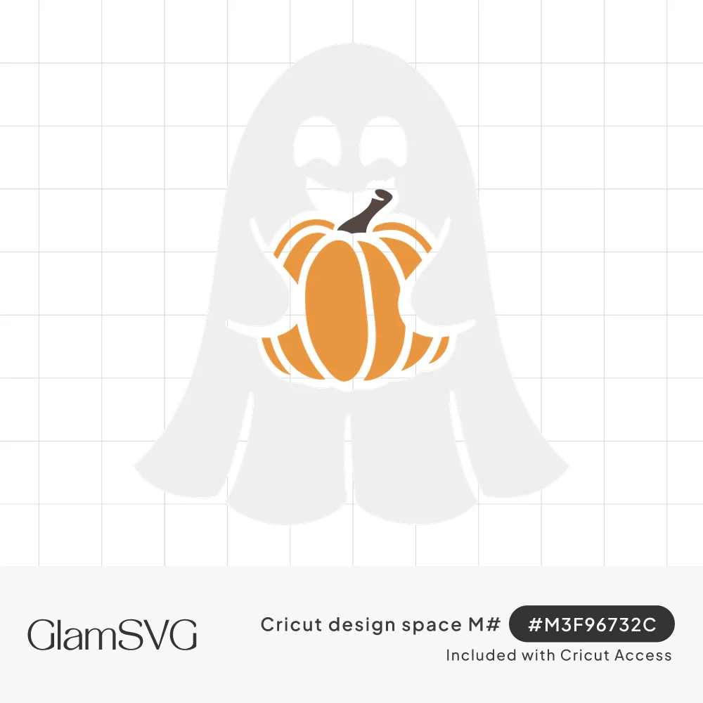 Smiling white ghost with closed eyes hugging an orange pumpkin with a brown stem