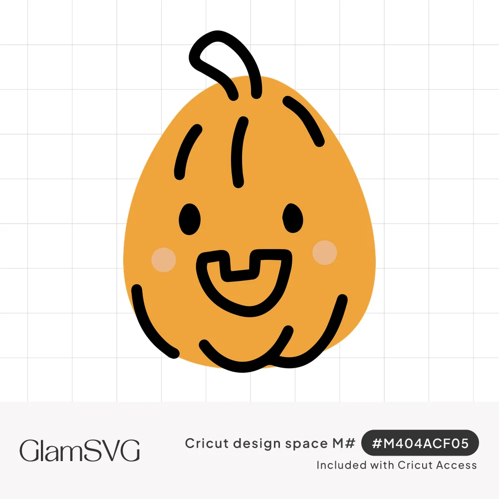 Orange egg-shaped pumpkin with a curly stem, dot eyes, pink cheeks, and a gap-toothed smile in broken black outlines