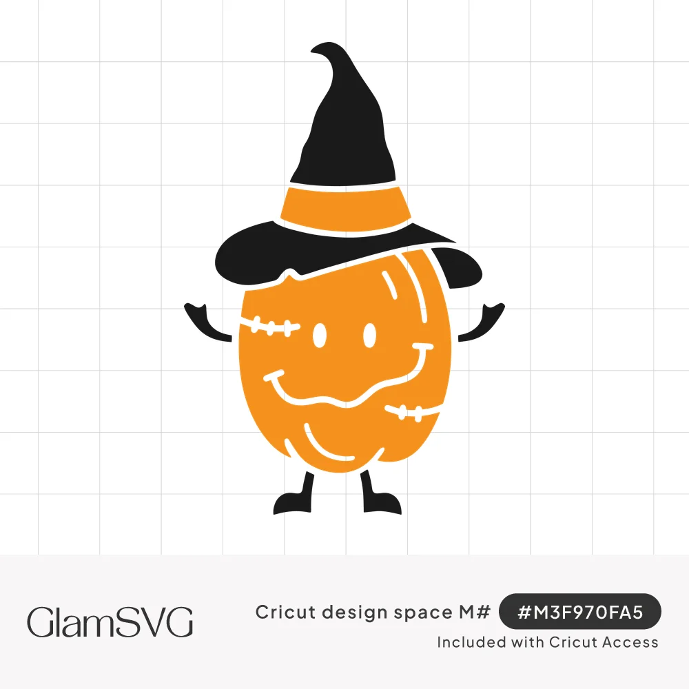 Smiling orange pumpkin character with stitched scars, raised arms, little feet and a black witch hat with orange band