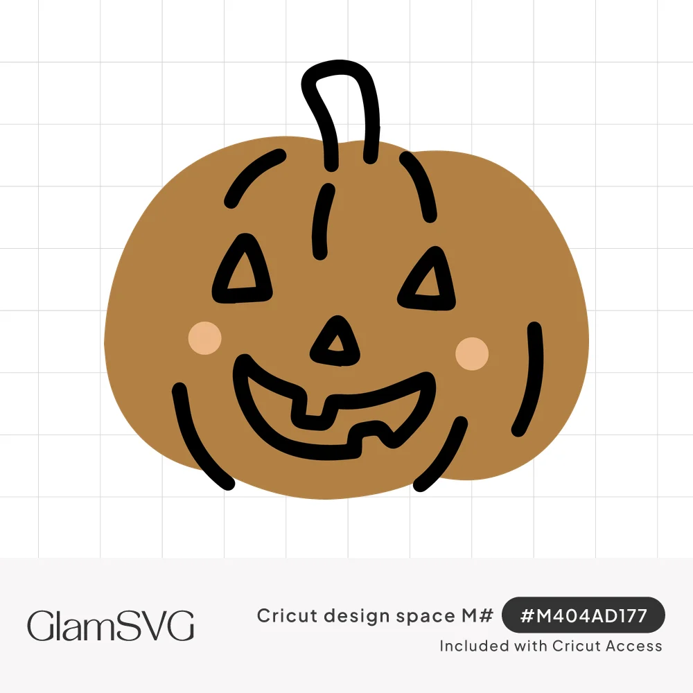 Brown hand-drawn jack-o'-lantern with triangle eyes, gap-toothed smile, pink cheeks and a curly black stem