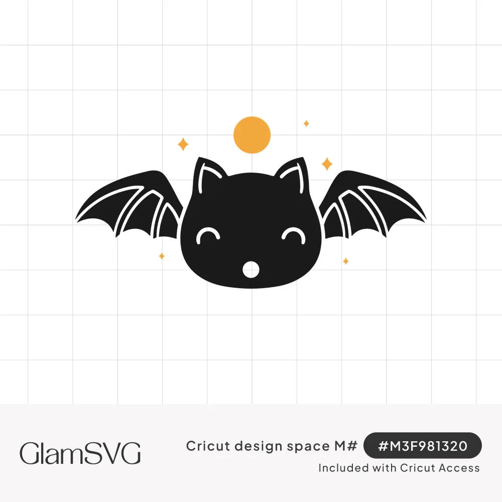 Cute black bat with pointed ears, smiling closed eyes and spread wings under an orange moon with small sparkles