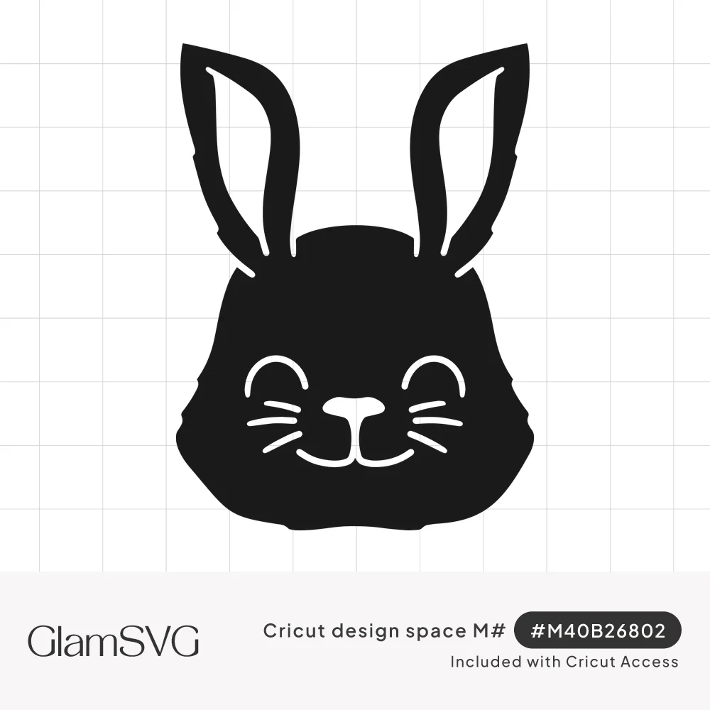 Black silhouette of a smiling bunny face with tall ears, closed happy eyes, whiskers and a little nose